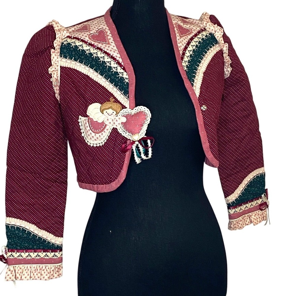 Vtg Hand quilted Bolero Frilly Angel lace,ribbo Childs jacket Boho style